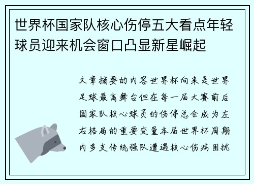 世界杯国家队核心伤停五大看点年轻球员迎来机会窗口凸显新星崛起 世界杯国家队核心伤停五大看点年轻球员迎来机会窗口凸显新星崛起