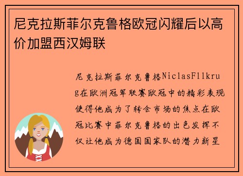 尼克拉斯菲尔克鲁格欧冠闪耀后以高价加盟西汉姆联 尼克拉斯菲尔克鲁格欧冠闪耀后以高价加盟西汉姆联